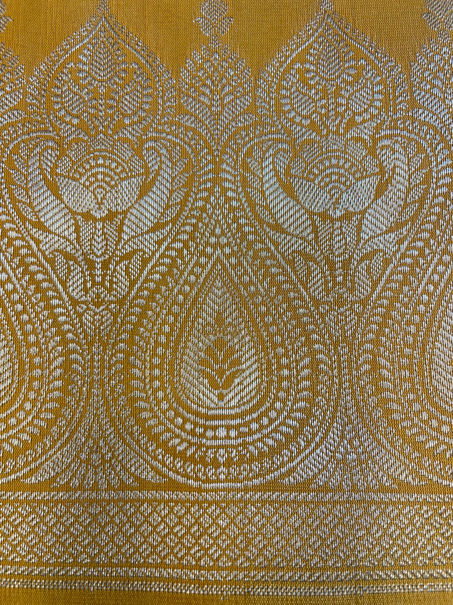Beige Art Silk Floral Zari Jaal Contrast Banarasi Suit with Mustard Yellow Dupatta