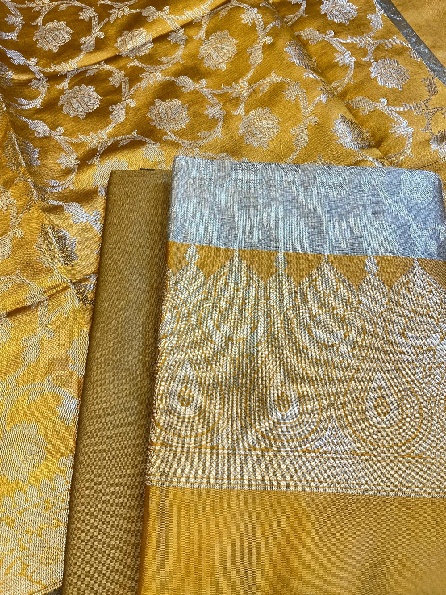Beige Art Silk Floral Zari Jaal Contrast Banarasi Suit with Mustard Yellow Dupatta