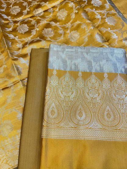 Beige Art Silk Floral Zari Jaal Contrast Banarasi Suit with Mustard Yellow Dupatta