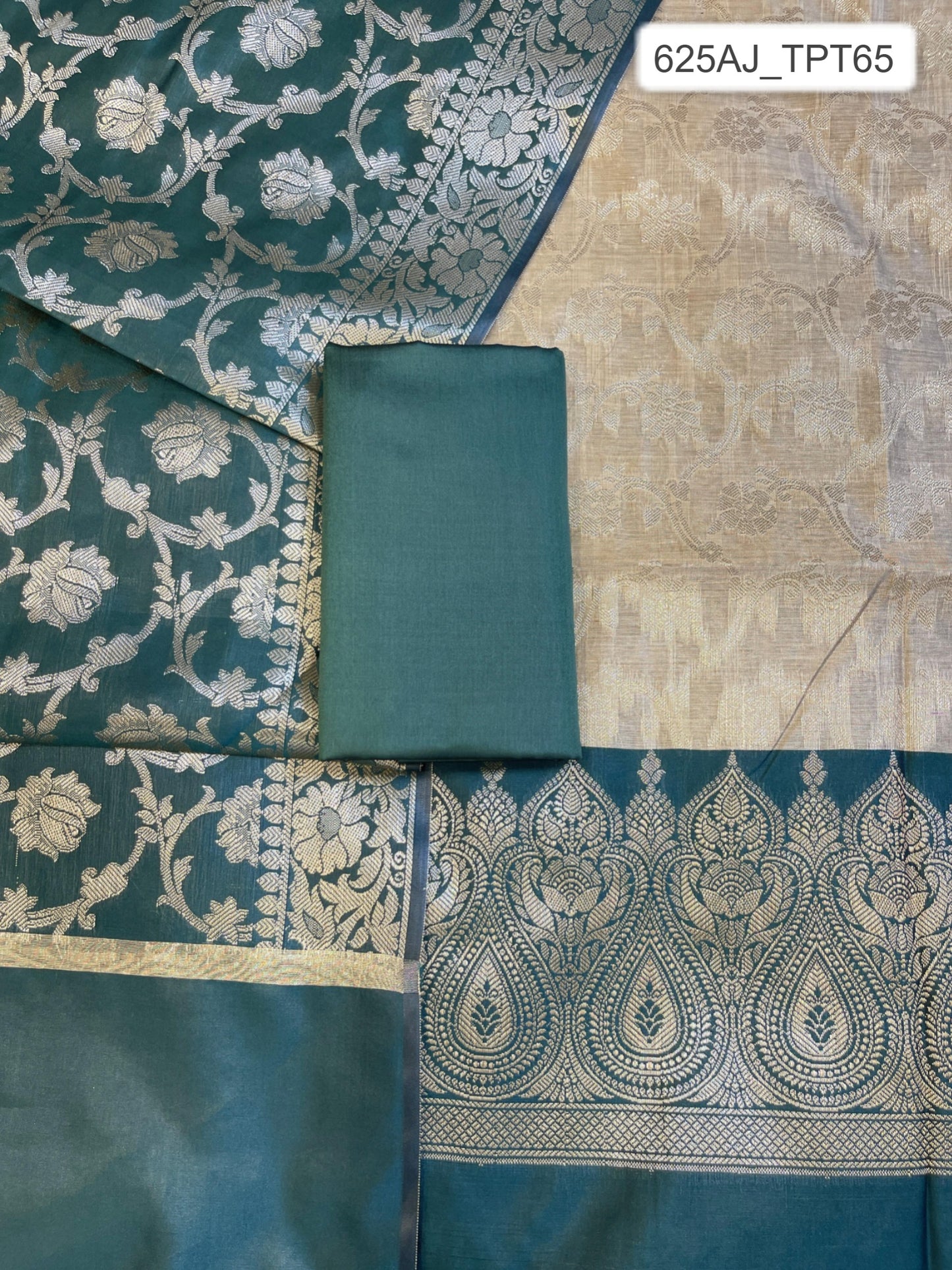 Beige Art Silk Floral Zari Jaal Contrast Banarasi Suit with Darkgreen Dupatta 625AJ_TPT65