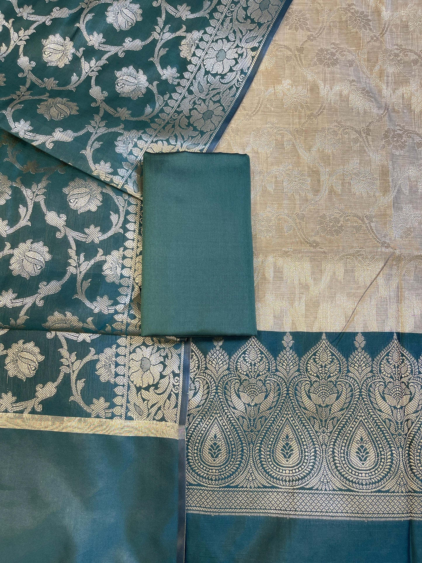 Beige Art Silk Floral Zari Jaal Contrast Banarasi Suit with Darkgreen Dupatta 625AJ_TPT65