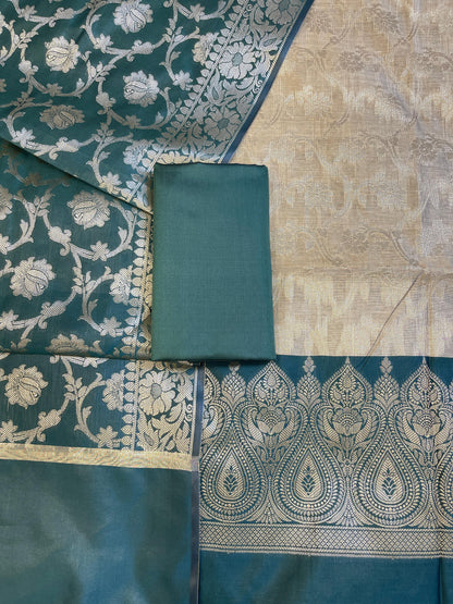 Beige Art Silk Floral Zari Jaal Contrast Banarasi Suit with Darkgreen Dupatta 625AJ_TPT65