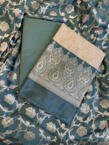 Beige Art Silk Floral Zari Jaal Contrast Banarasi Suit with Darkgreen Dupatta 625AJ_TPT65