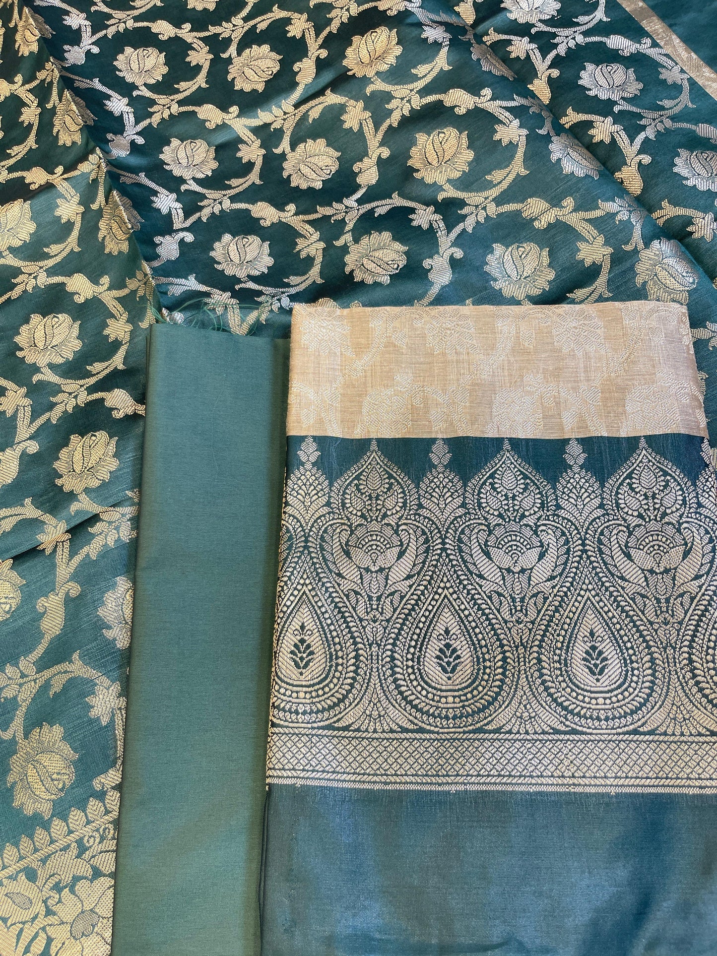 Beige Art Silk Floral Zari Jaal Contrast Banarasi Suit with Darkgreen Dupatta 625AJ_TPT65
