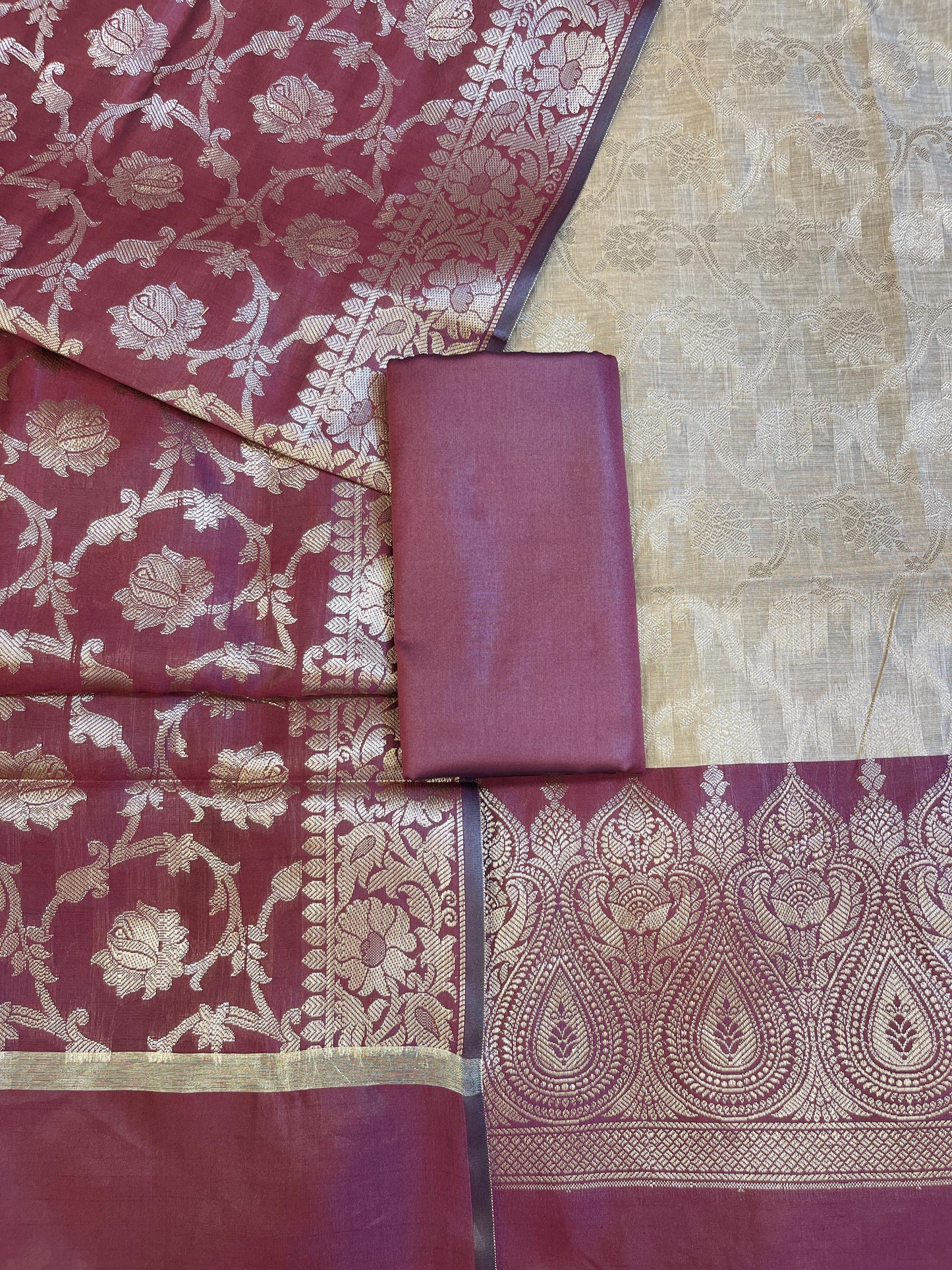Beige Art Silk Floral Zari Jaal Contrast Banarasi Suit with Maroon Dupatta 625AJ_TPT66