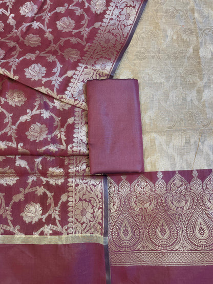 Beige Art Silk Floral Zari Jaal Contrast Banarasi Suit with Maroon Dupatta 625AJ_TPT66