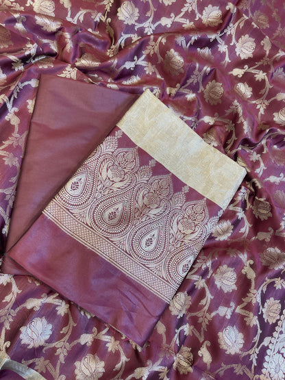 Beige Art Silk Floral Zari Jaal Contrast Banarasi Suit with Maroon Dupatta 625AJ_TPT66