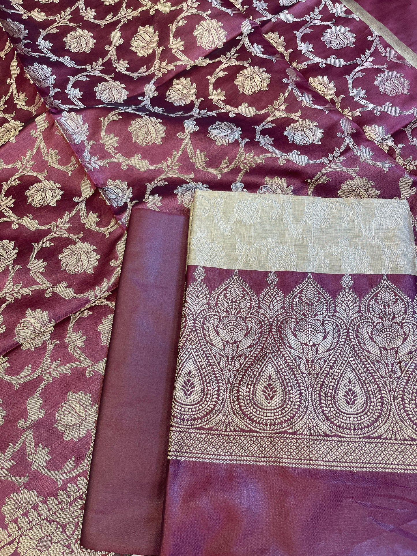 Beige Art Silk Floral Zari Jaal Contrast Banarasi Suit with Maroon Dupatta 625AJ_TPT66
