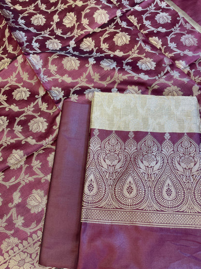 Beige Art Silk Floral Zari Jaal Contrast Banarasi Suit with Maroon Dupatta 625AJ_TPT66