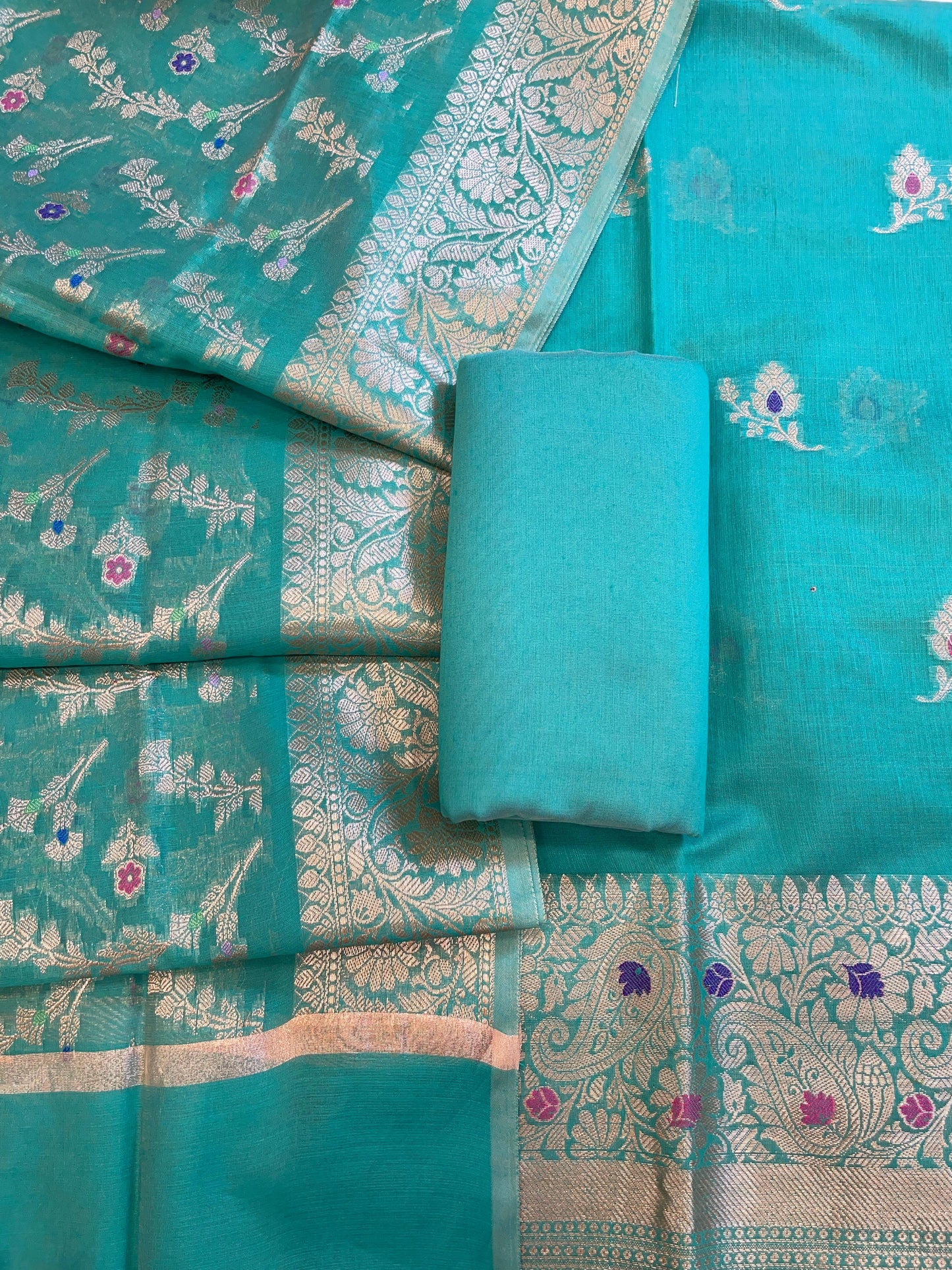 Seagreen Cotton Resham Mina Zari Booti Paisley Mina Border Banarasi Suit 625SHL_CT10