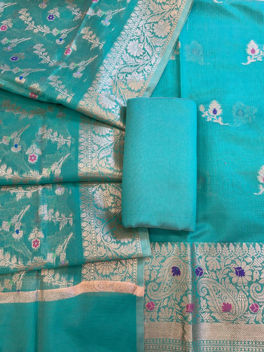 Seagreen Cotton Resham Mina Zari Booti Paisley Mina Border Banarasi Suit 625SHL_CT10