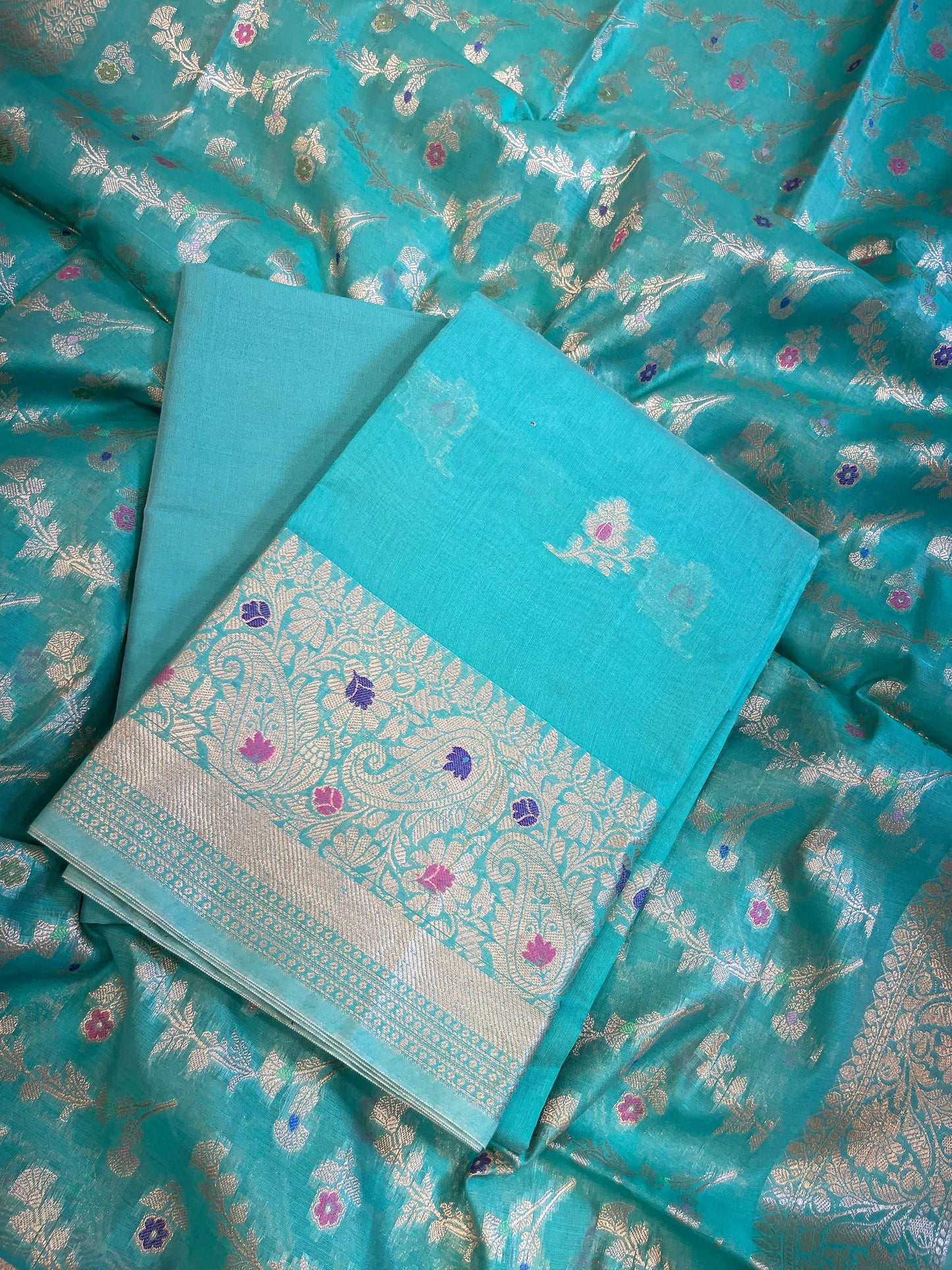 Seagreen Cotton Resham Mina Zari Booti Paisley Mina Border Banarasi Suit 625SHL_CT10