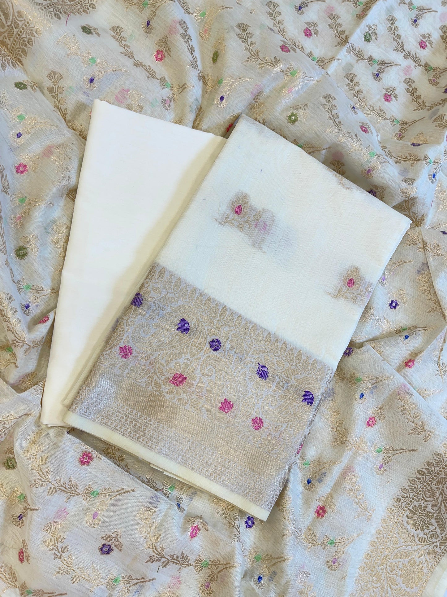 Light Yellow Cotton Resham Mina Zari Booti Paisley Mina Border Banarasi Suit 625SHL_CT11