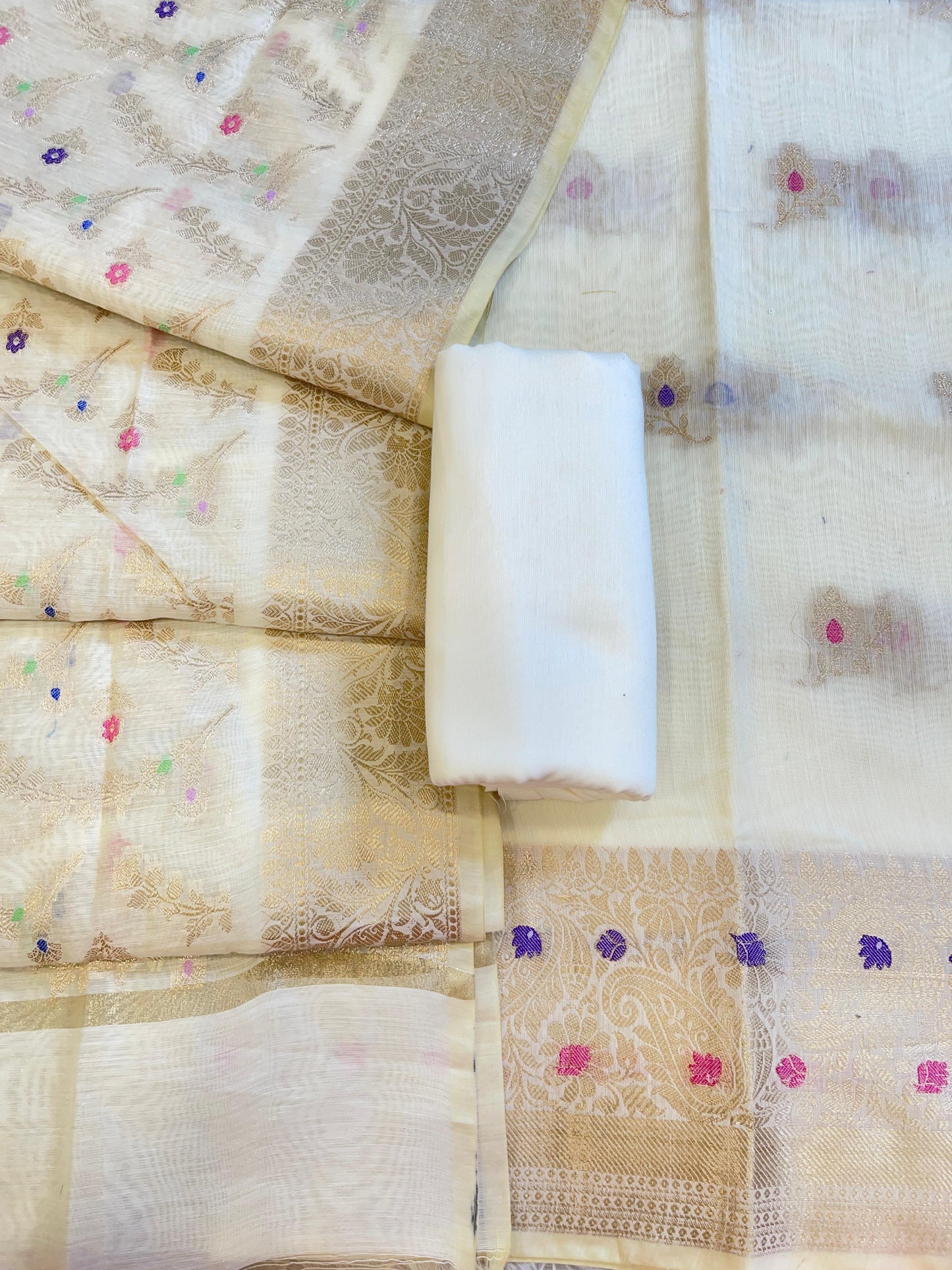 Light Yellow Cotton Resham Mina Zari Booti Paisley Mina Border Banarasi Suit 625SHL_CT11