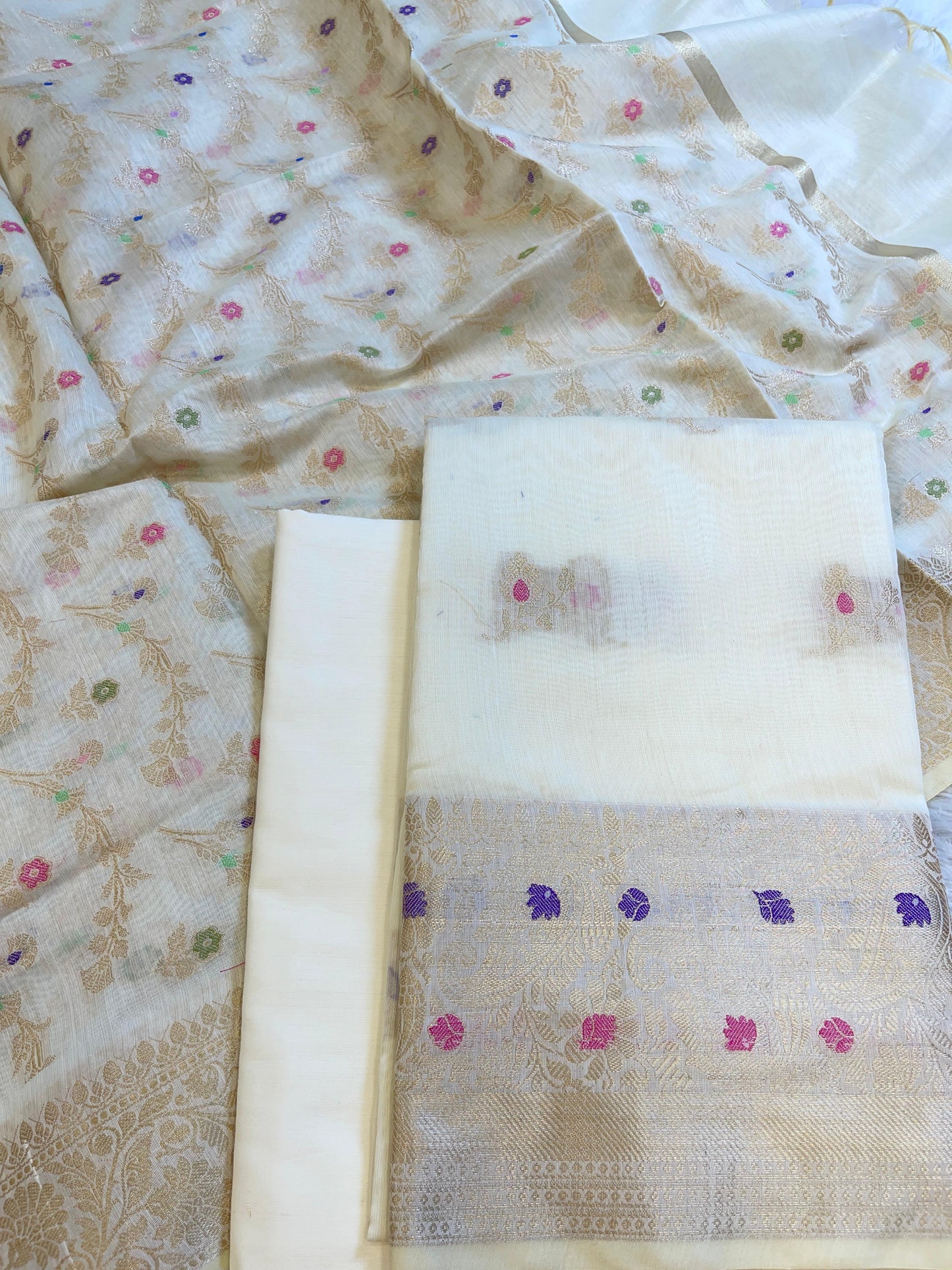 Light Yellow Cotton Resham Mina Zari Booti Paisley Mina Border Banarasi Suit 625SHL_CT11