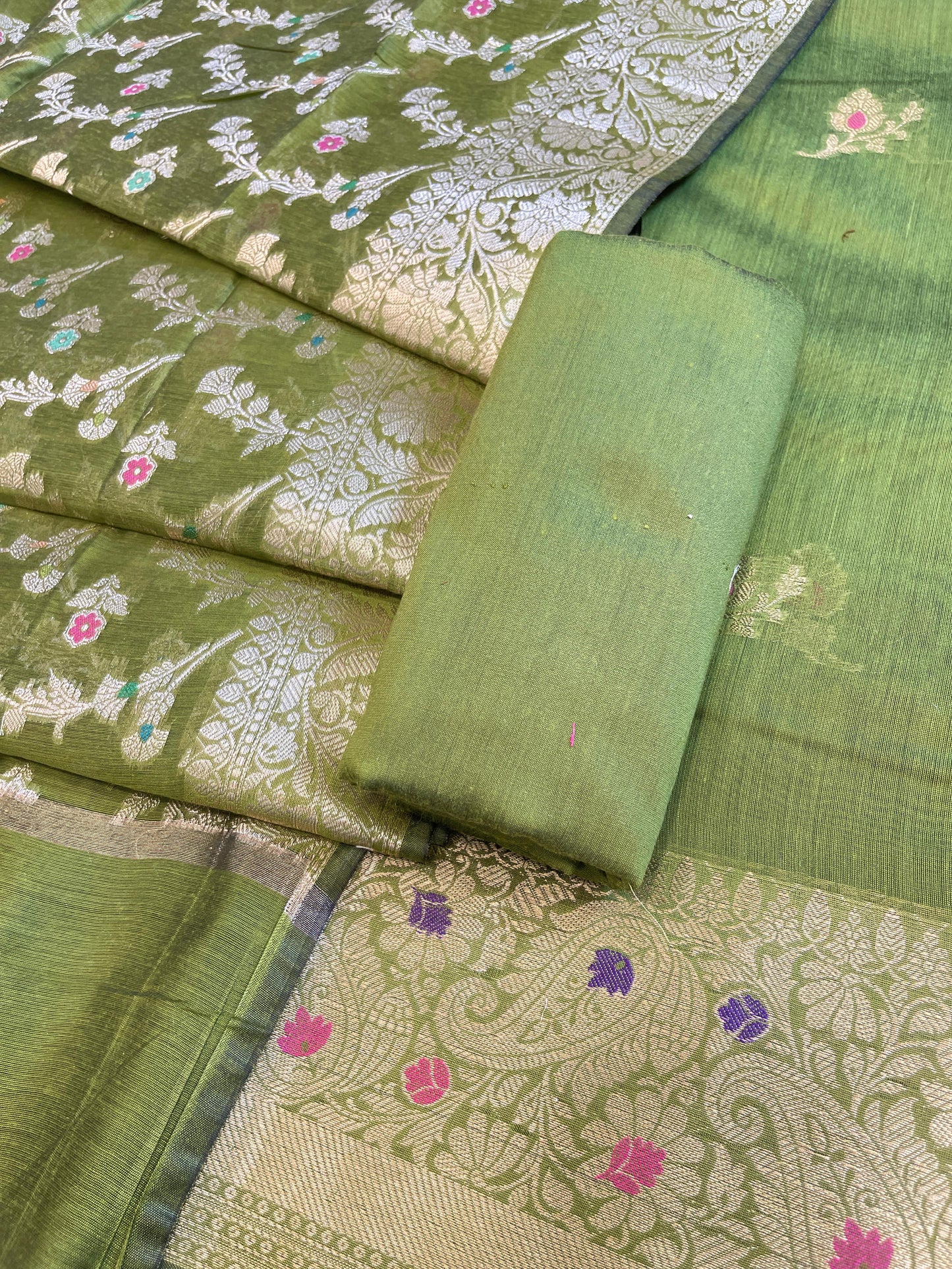 Green Cotton Resham Mina Floral Booti Paisley Mina Border Banarasi Suit 625SHL_CT19