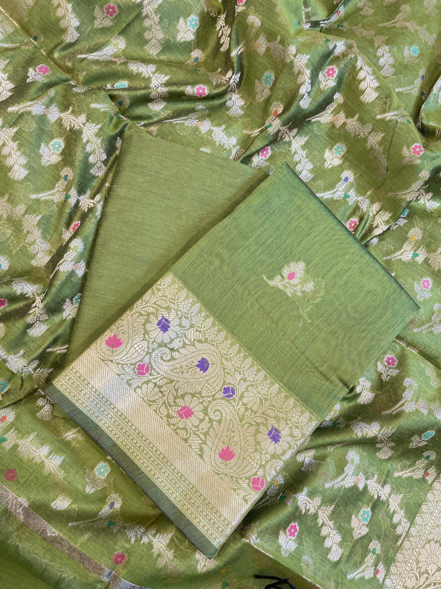 Green Cotton Resham Mina Floral Booti Paisley Mina Border Banarasi Suit 625SHL_CT19