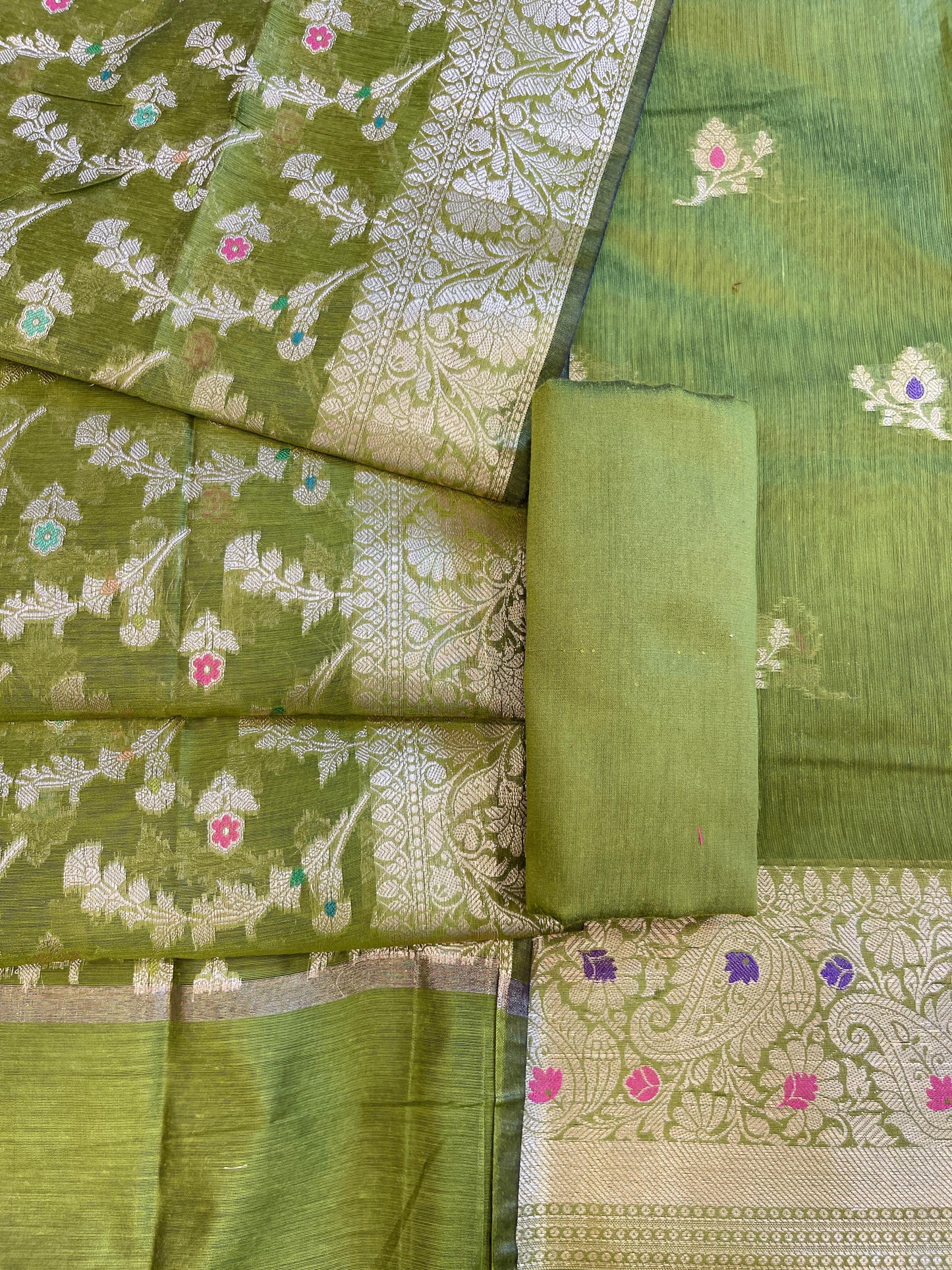 Green Cotton Resham Mina Floral Booti Paisley Mina Border Banarasi Suit 625SHL_CT19