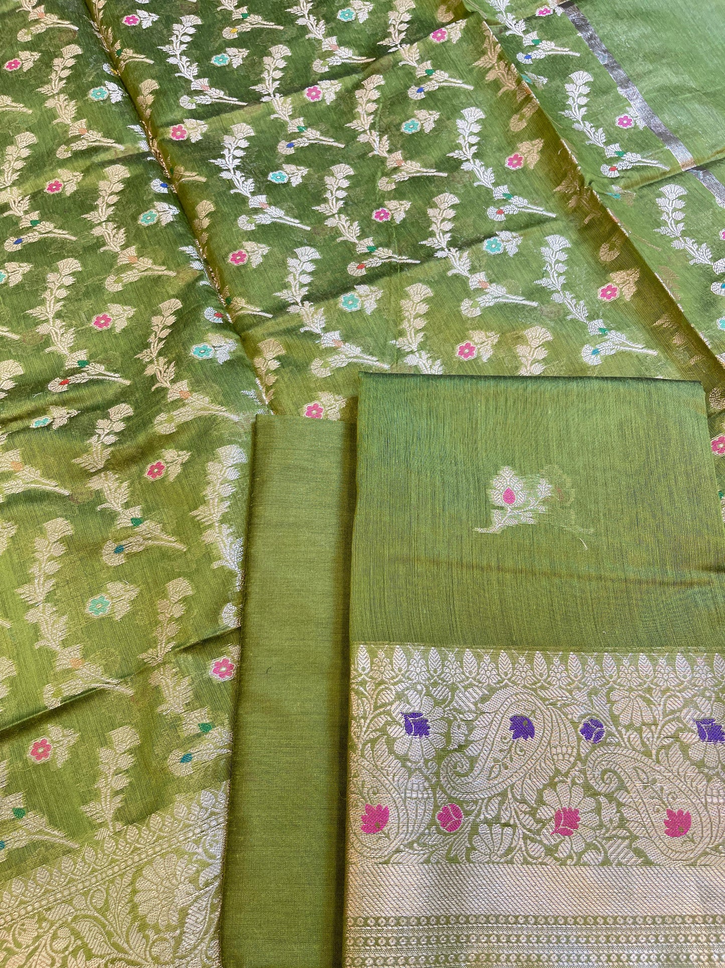 Green Cotton Resham Mina Floral Booti Paisley Mina Border Banarasi Suit 625SHL_CT19