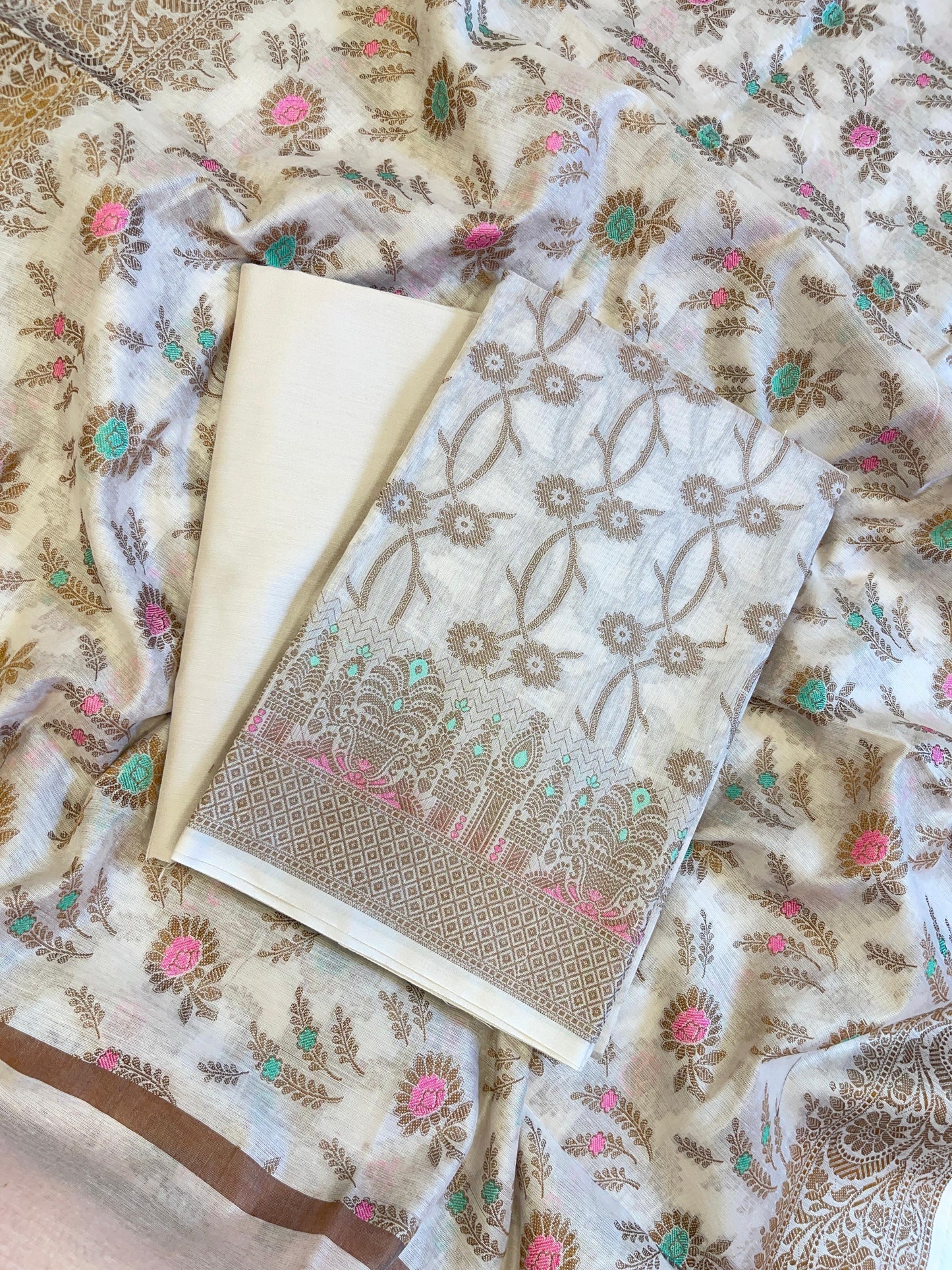 Beige Cotton Resham Zari Floral Jaal Banarasi Suit 625SHL_CT1