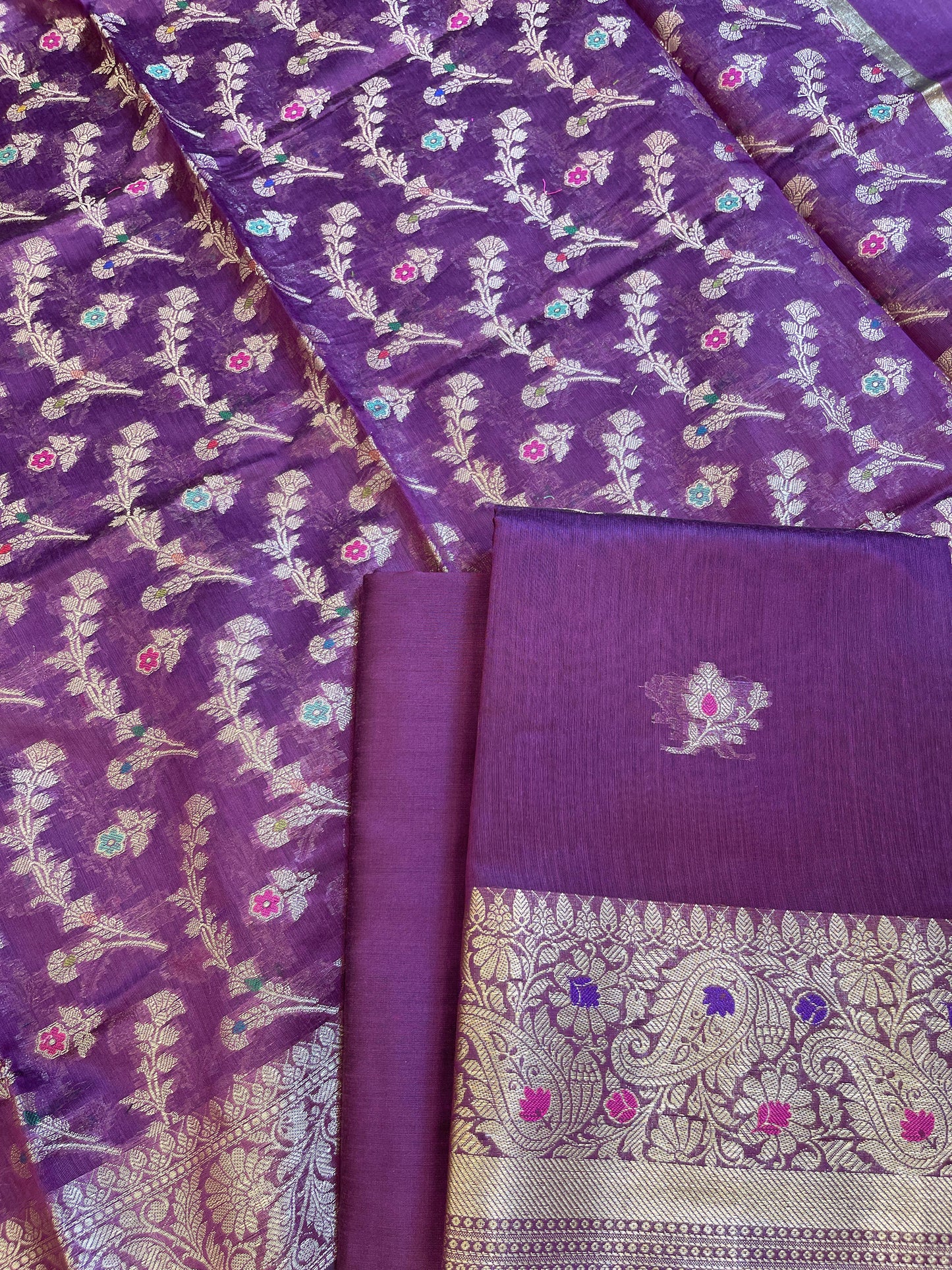 Purple Cotton Resham Mina Floral Booti Paisley Mina Border Banarasi Suit 625SHL_CT20