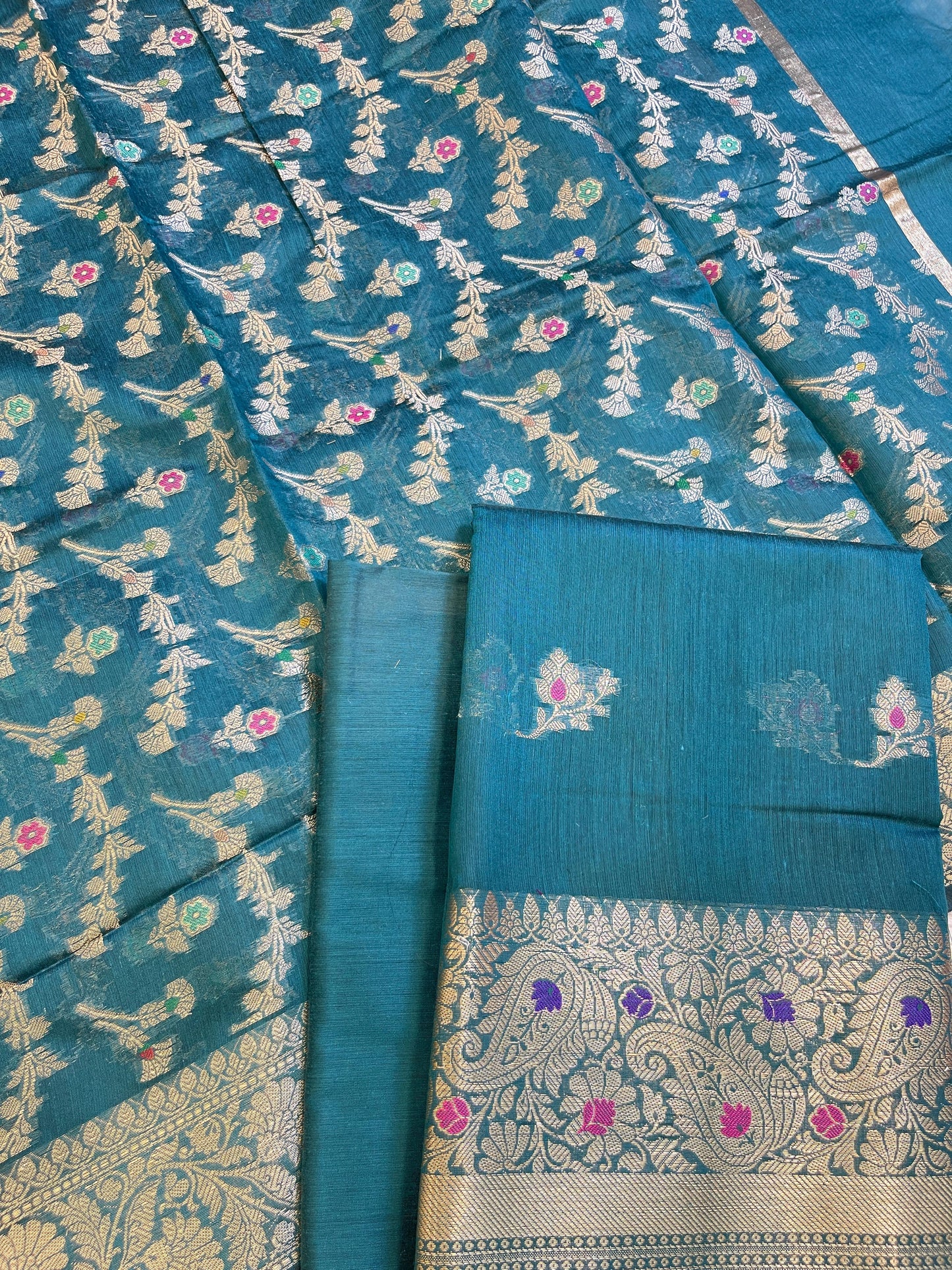 Seagreen Cotton Resham Mina Floral Booti Paisley Mina Border Banarasi Suit 625SHL_CT21