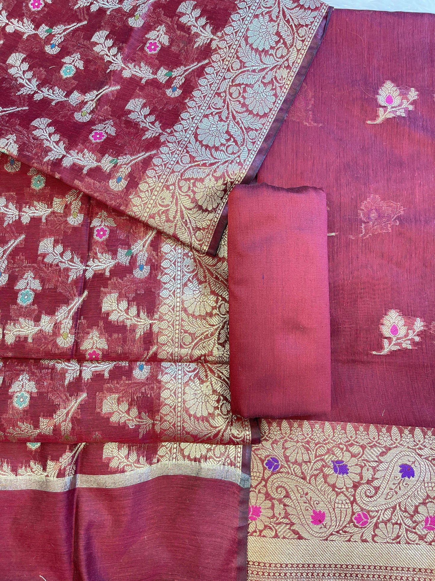 Maroon Cotton Resham Mina Floral Booti Paisley Mina Border Banarasi Suit 625SHL_CT22