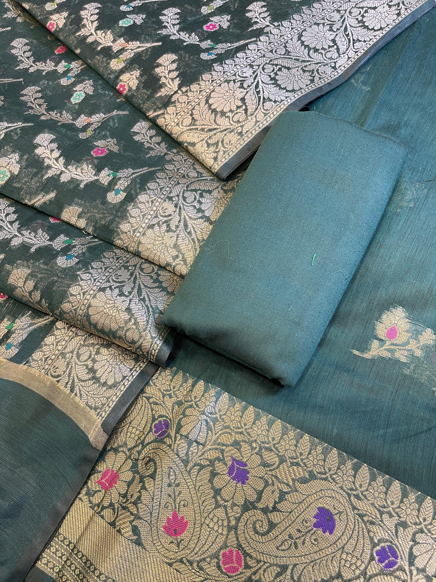 Darkgreen Cotton Resham Mina Floral Booti Paisley Mina Border Banarasi Suit 625SHL_CT23