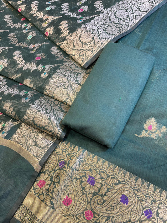 Darkgreen Cotton Resham Mina Floral Booti Paisley Mina Border Banarasi Suit 625SHL_CT23
