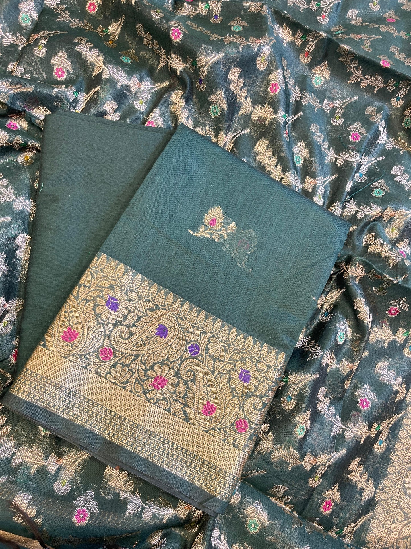 Darkgreen Cotton Resham Mina Floral Booti Paisley Mina Border Banarasi Suit 625SHL_CT23