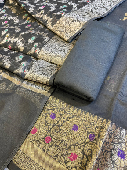Black Cotton Resham Mina Floral Booti Paisley Mina Border Banarasi Suit 625SHL_CT24