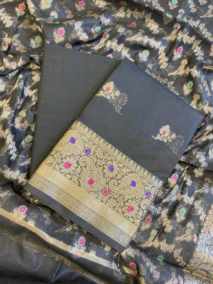 Black Cotton Resham Mina Floral Booti Paisley Mina Border Banarasi Suit 625SHL_CT24