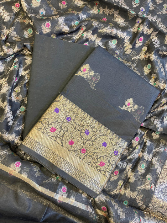 Black Cotton Resham Mina Floral Booti Paisley Mina Border Banarasi Suit 625SHL_CT24
