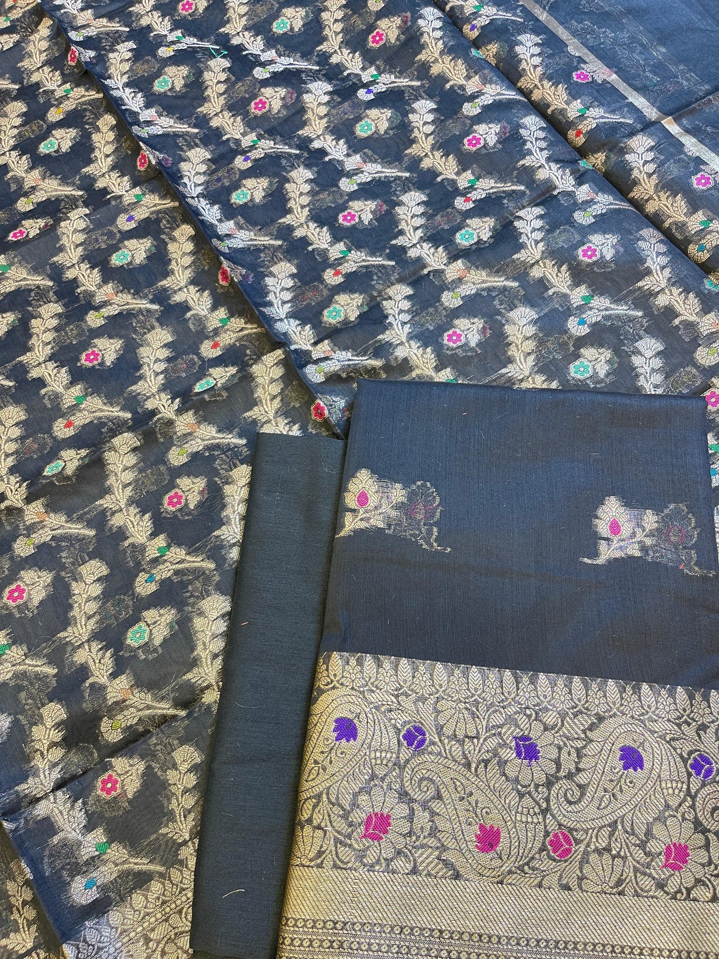 Black Cotton Resham Mina Floral Booti Paisley Mina Border Banarasi Suit 625SHL_CT24