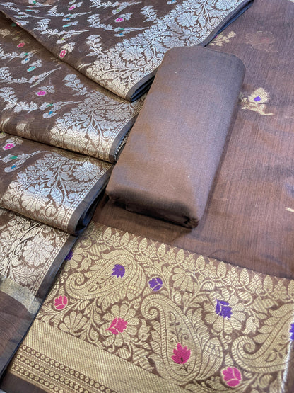 Brown Cotton Resham Mina Floral Booti Paisley Mina Border Banarasi Suit 625SHL_CT25