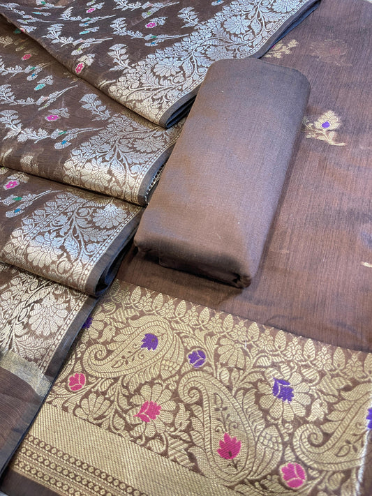 Brown Cotton Resham Mina Floral Booti Paisley Mina Border Banarasi Suit 625SHL_CT25