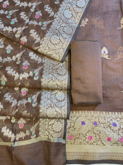 Brown Cotton Resham Mina Floral Booti Paisley Mina Border Banarasi Suit 625SHL_CT25