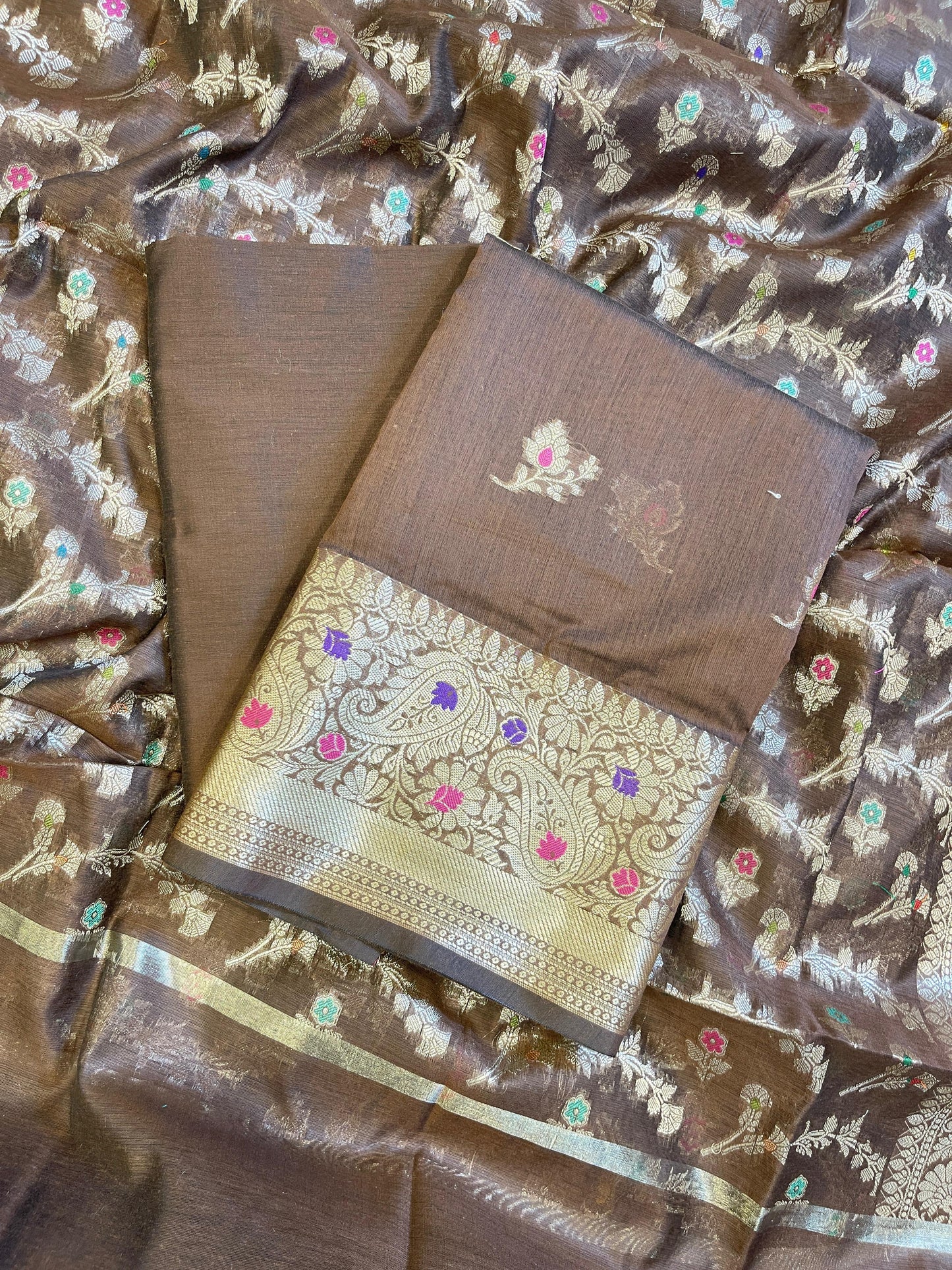 Brown Cotton Resham Mina Floral Booti Paisley Mina Border Banarasi Suit 625SHL_CT25