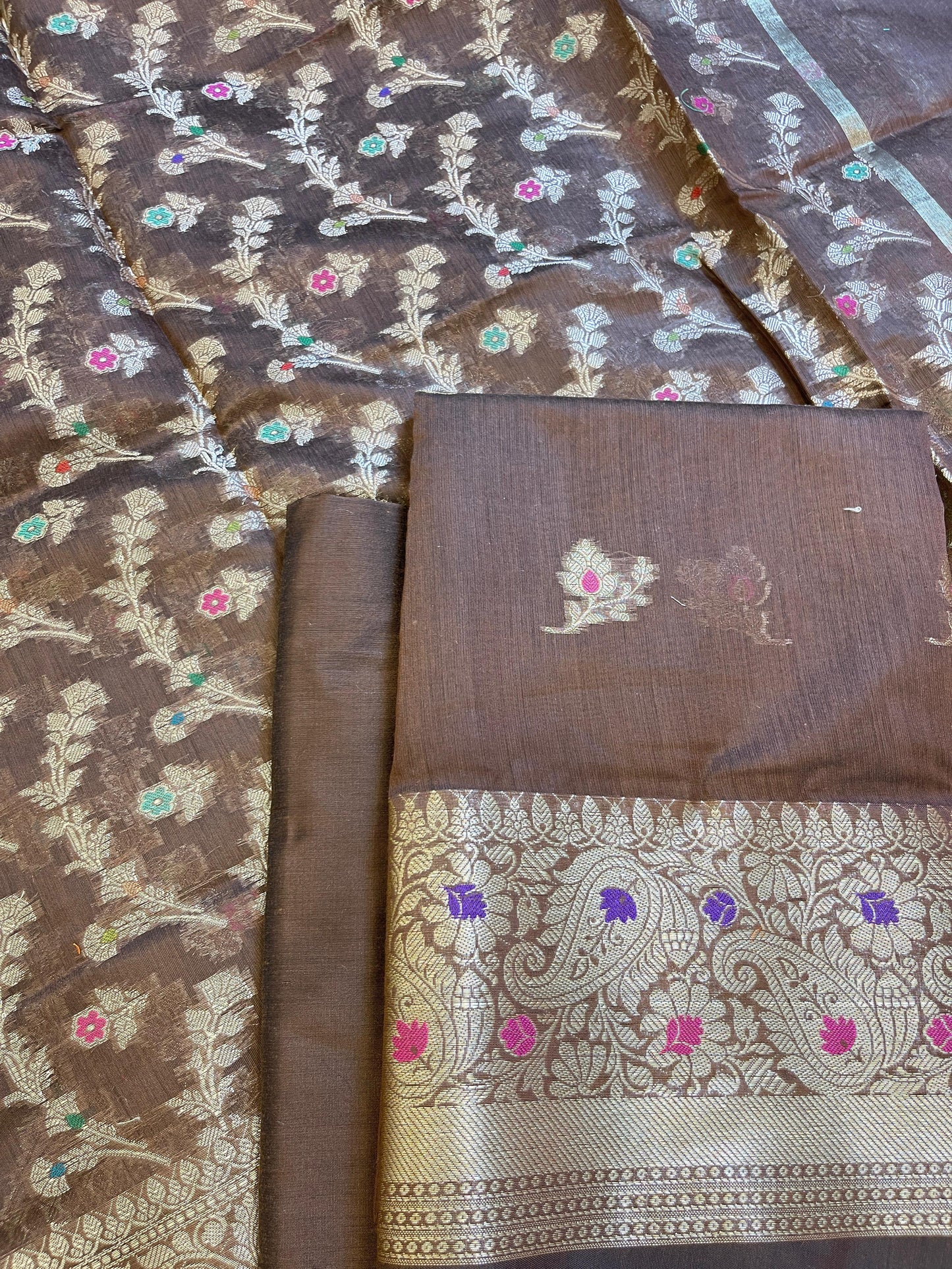 Brown Cotton Resham Mina Floral Booti Paisley Mina Border Banarasi Suit 625SHL_CT25