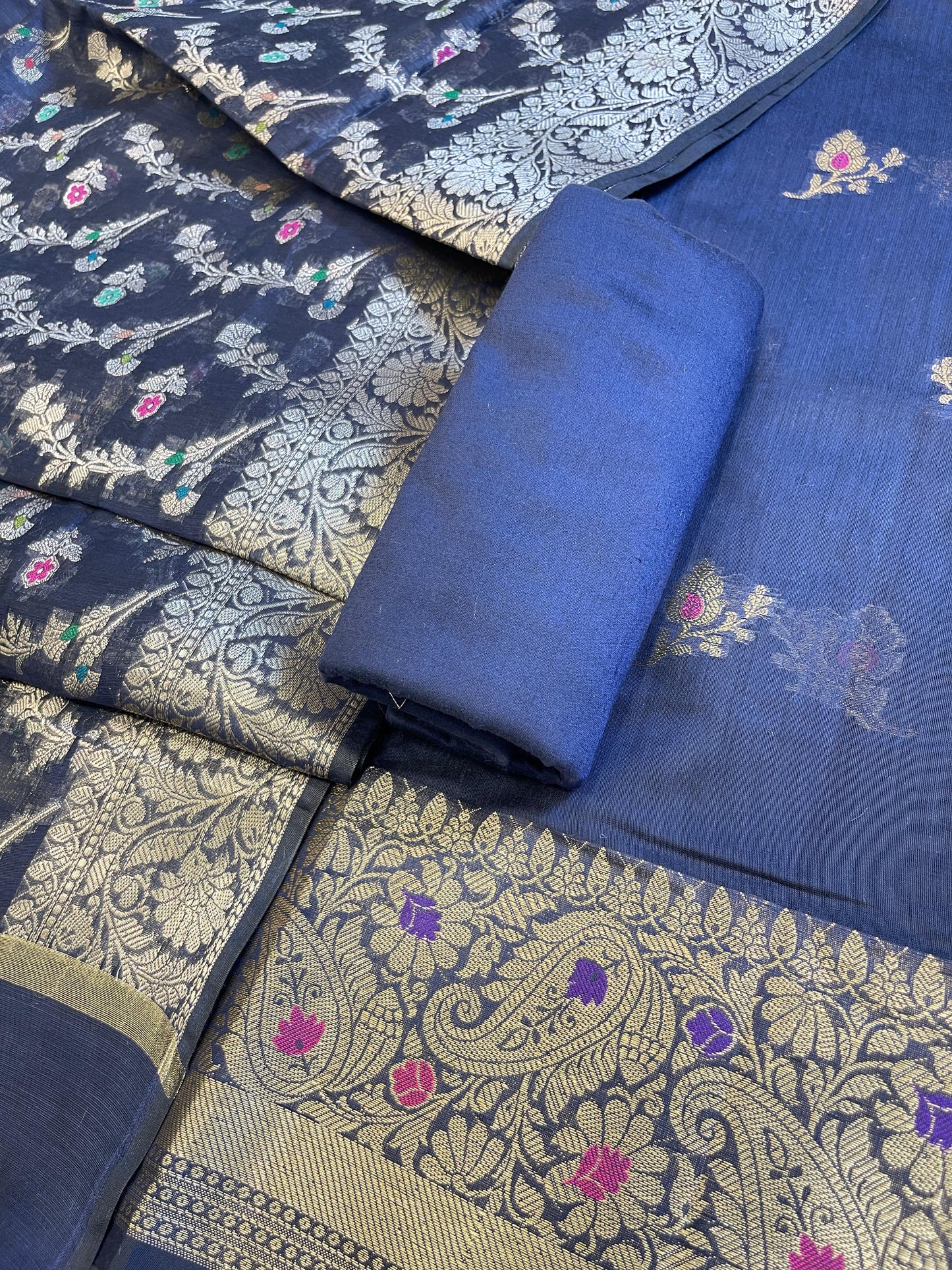 Navy Blue Cotton Resham Mina Floral Booti Paisley Mina Border Banarasi Suit 625SHL_CT26