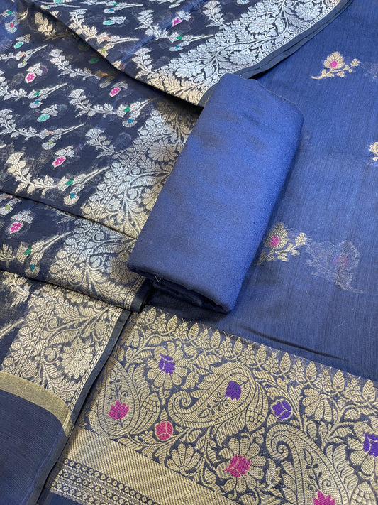 Navy Blue Cotton Resham Mina Floral Booti Paisley Mina Border Banarasi Suit 625SHL_CT26