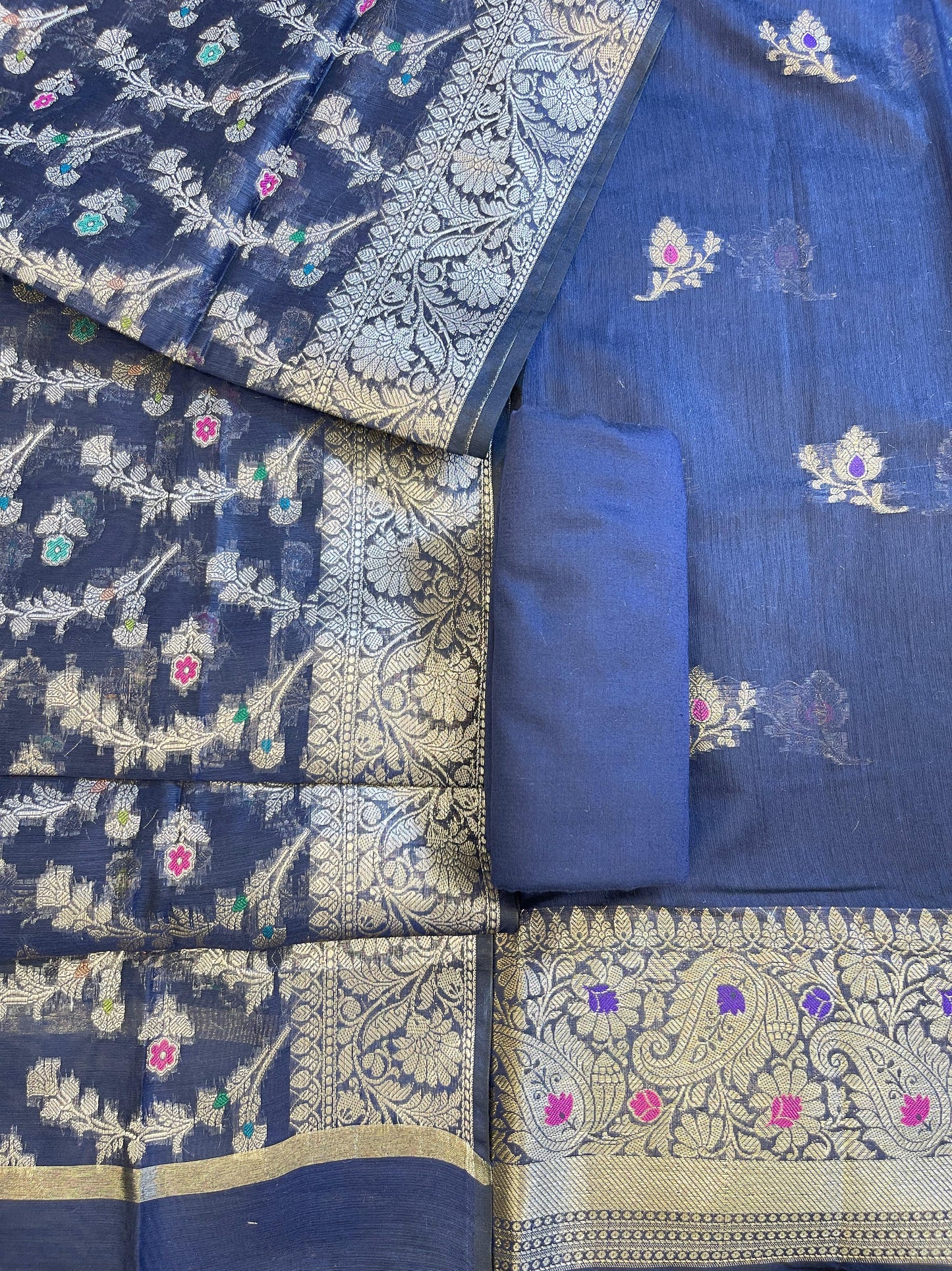Navy Blue Cotton Resham Mina Floral Booti Paisley Mina Border Banarasi Suit 625SHL_CT26