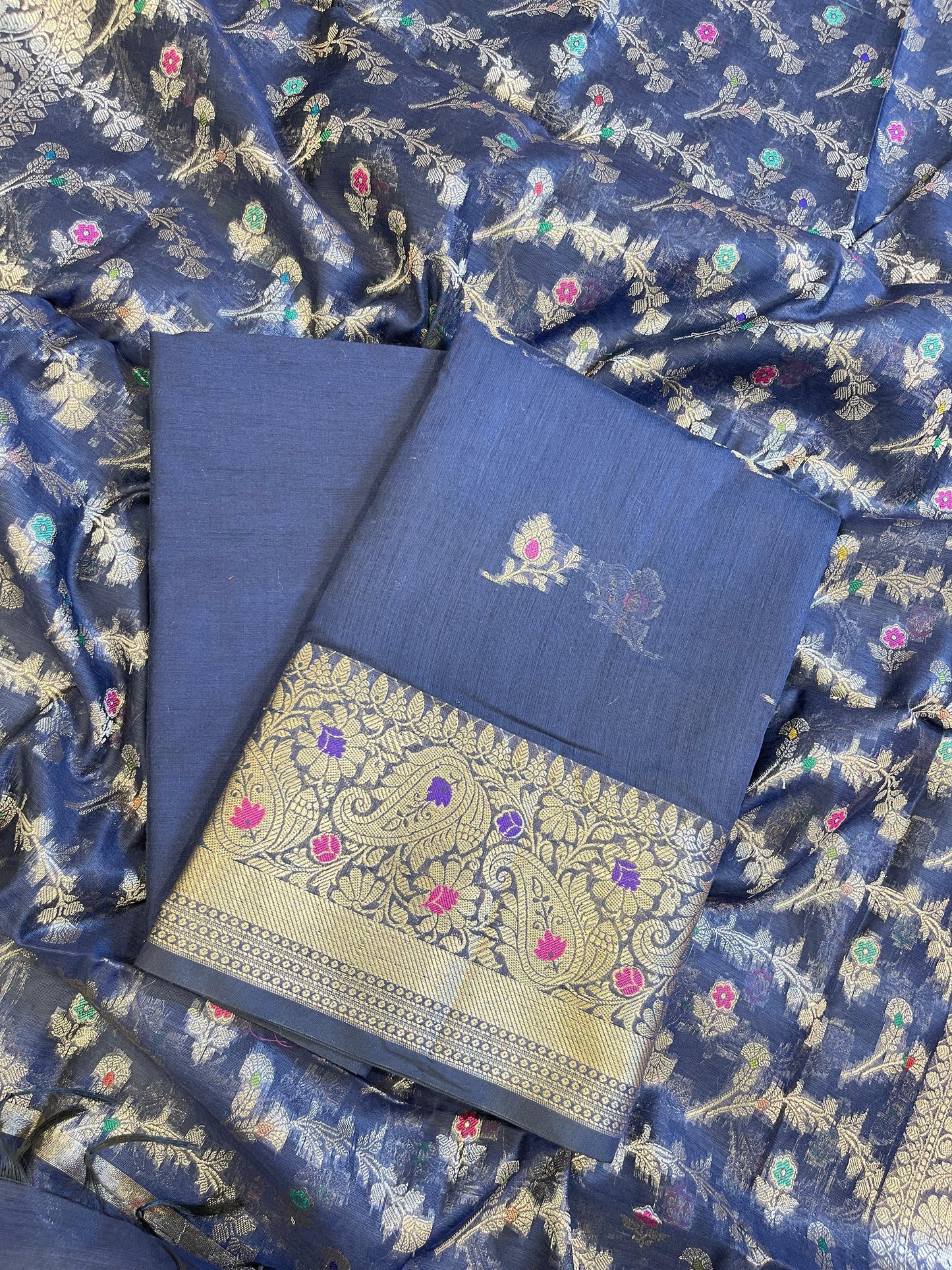 Navy Blue Cotton Resham Mina Floral Booti Paisley Mina Border Banarasi Suit 625SHL_CT26