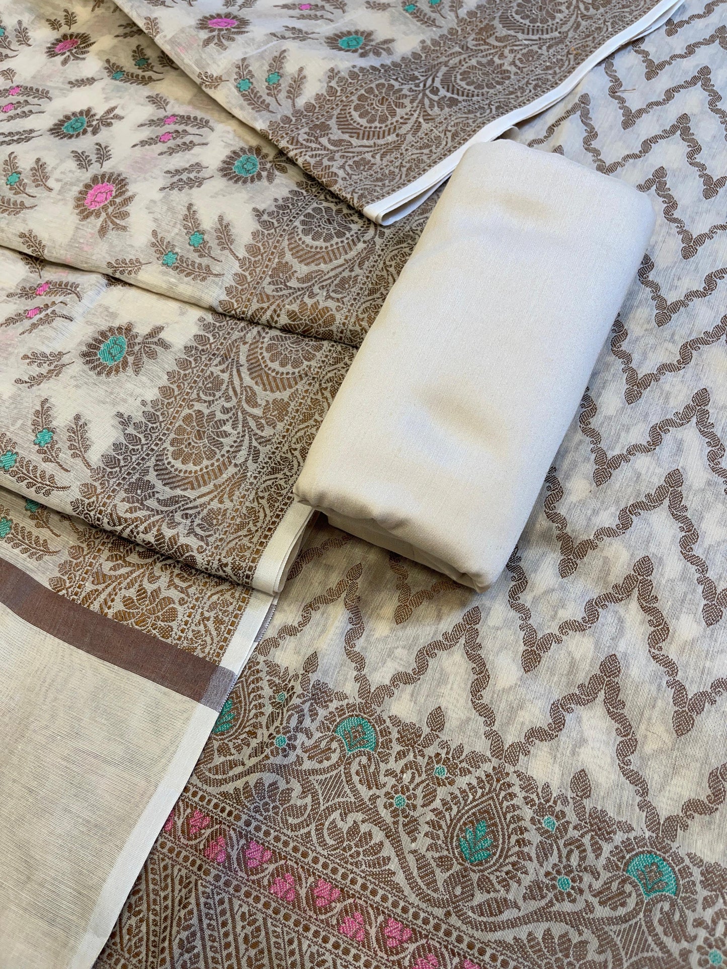 Beige Cotton Resham Zari Zig-Zag Banarasi Suit 625SHL_CT27