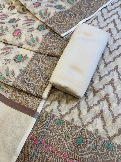 Beige Cotton Resham Zari Zig-Zag Banarasi Suit 625SHL_CT27