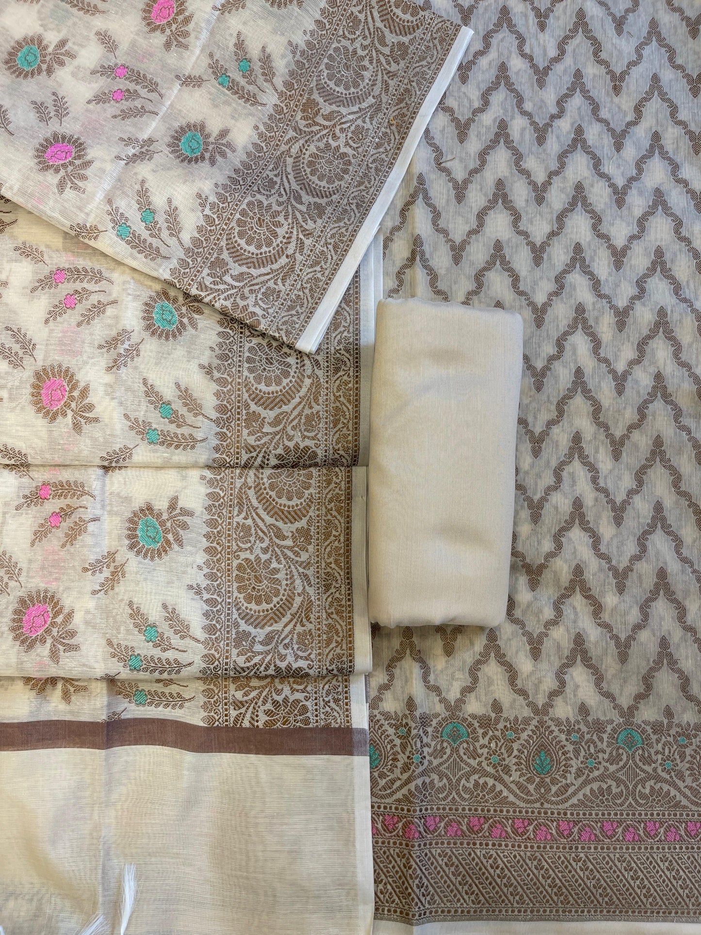 Beige Cotton Resham Zari Zig-Zag Banarasi Suit 625SHL_CT27