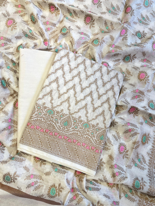 Light Yellow Cotton Resham Zari Zig-Zag Banarasi Suit 625SHL_CT29