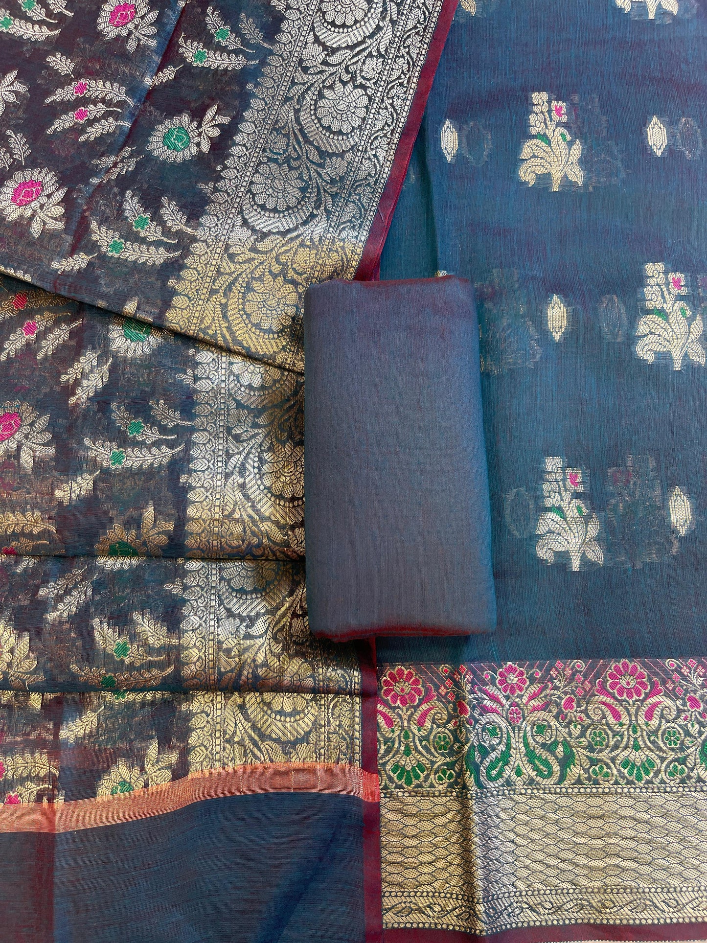 Navy Blue Cotton Resham Mina Floral Boota Paisley Border Banarasi Suit 625SHL_CT34