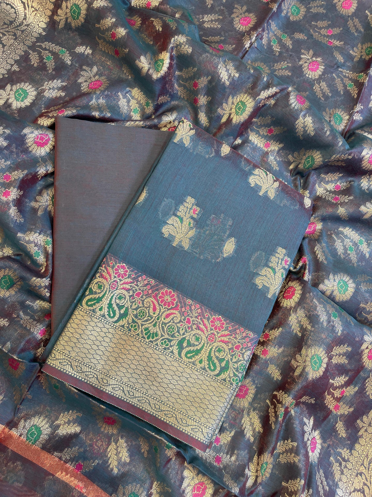 Navy Blue Cotton Resham Mina Floral Boota Paisley Border Banarasi Suit 625SHL_CT34