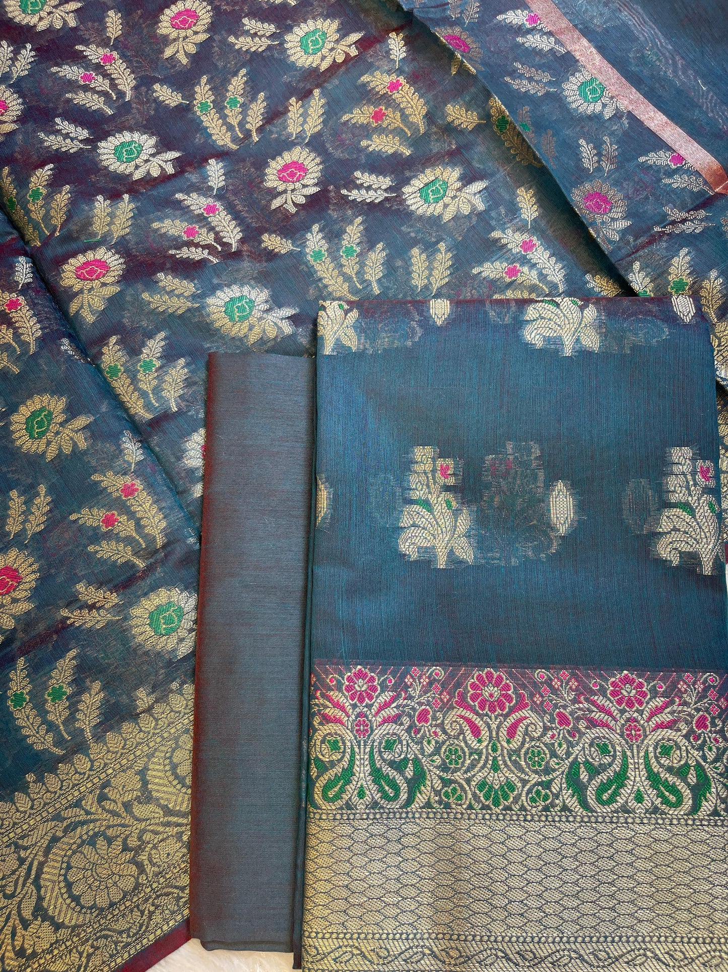 Navy Blue Cotton Resham Mina Floral Boota Paisley Border Banarasi Suit 625SHL_CT34